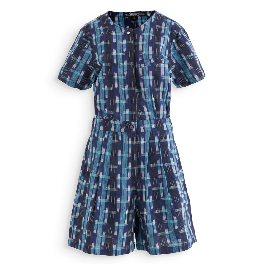 J. Peterman Mysterious Ikat Navy and Teal Plaid Short-Sleeve Romper